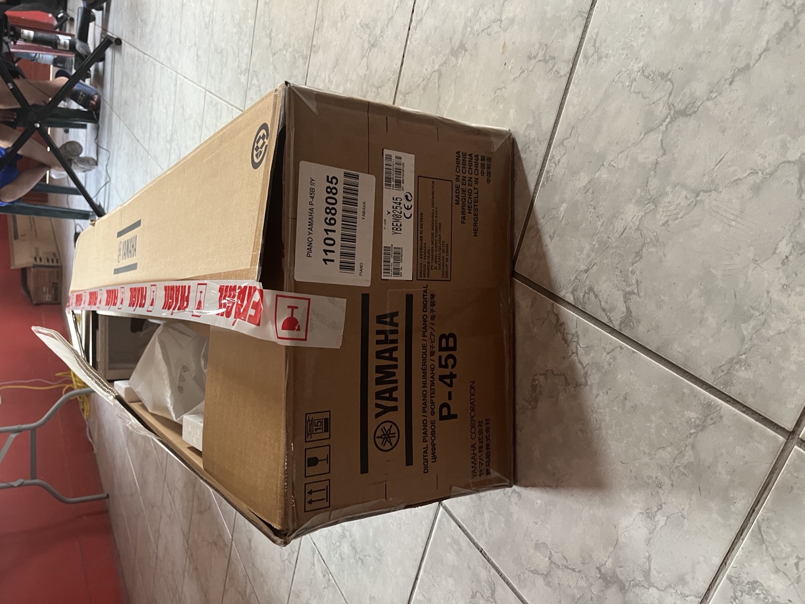 The Yamaha P-45B digital piano, freshly delivered in Trujillo